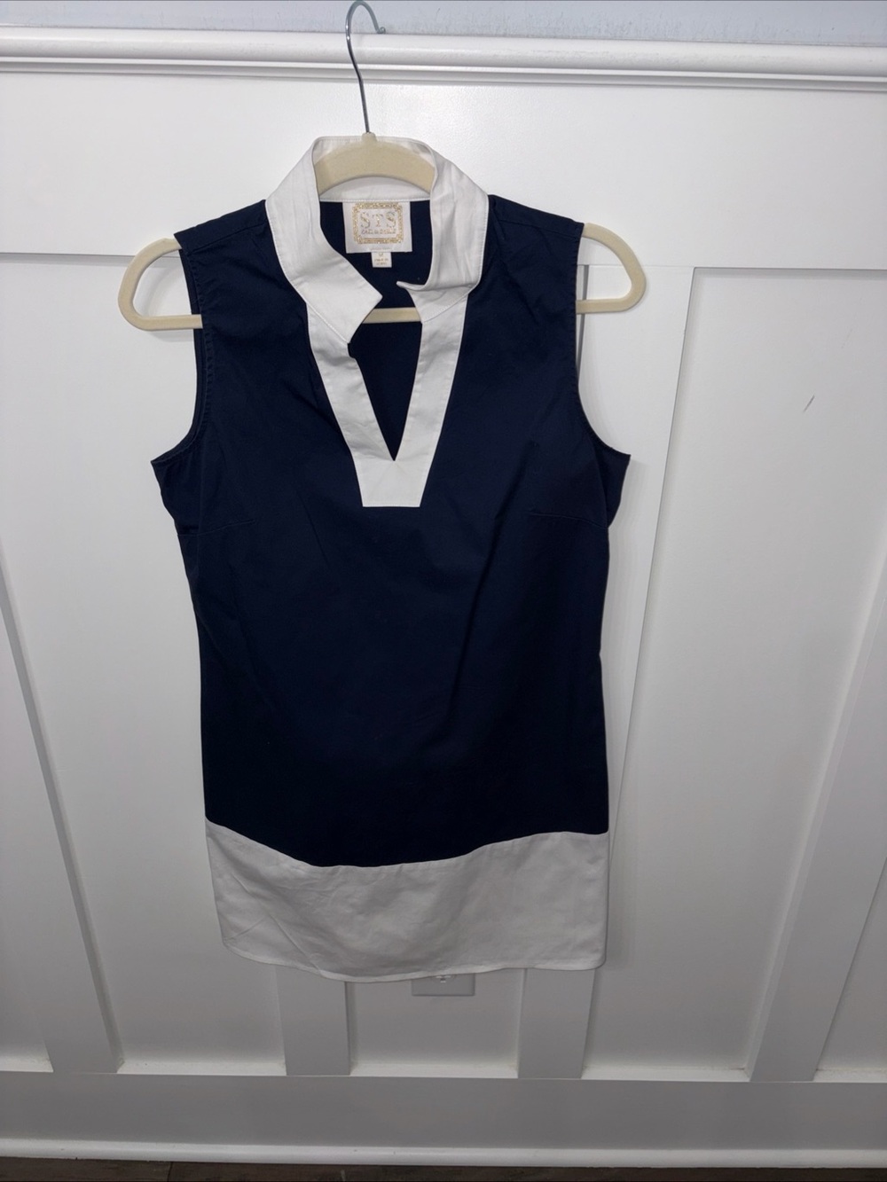 Navy and White Sleeveless Shift Dress -Color Block-Nautical-Medium